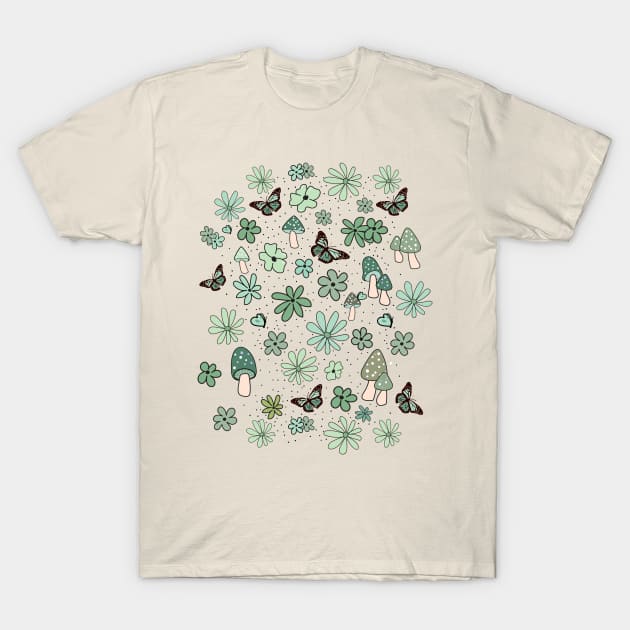 Light Green and Sage Flowers Butterflies and Mushrooms Cottagecore Aesthetic T-Shirt by YourGoods